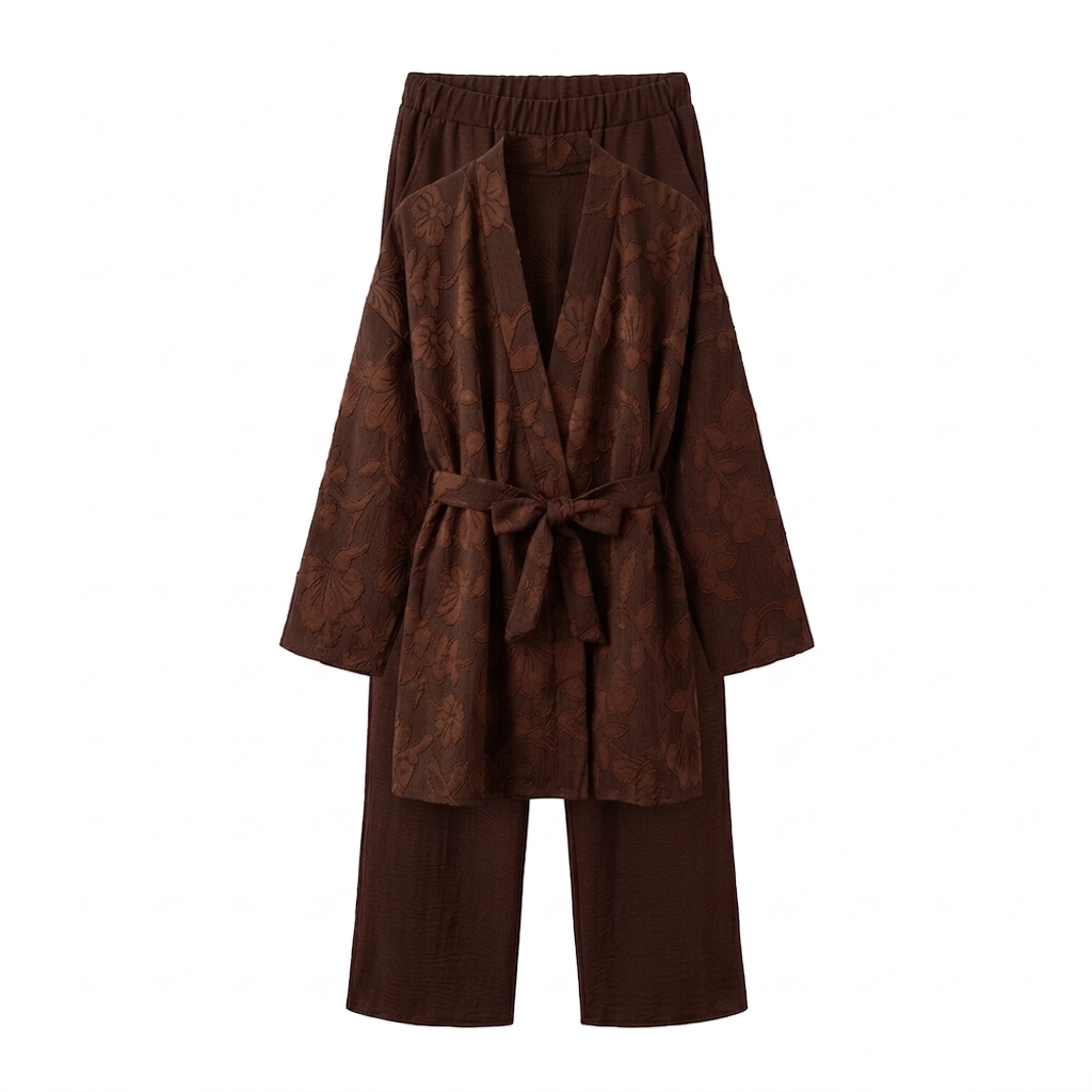 Bladeren kimono met rekbare broek - bruin