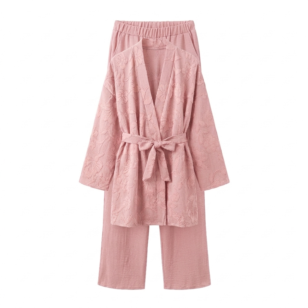 Bladeren kimono met rekbare broek - licht roze