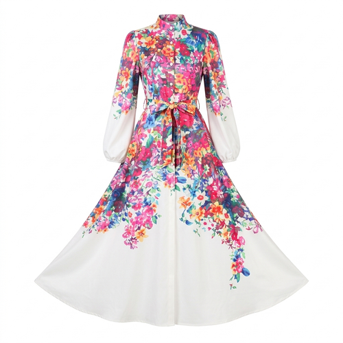 Jardin de Couleurs Maxi-Robe zimmer – Kleurrijke Bloemrijke Doorknoopjurk met Ceintuur