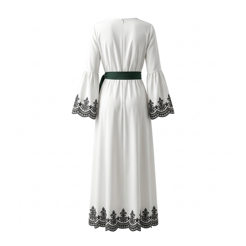 Élégance de Forêt Maxi-Robe – Romantische Crème Jurk met Donkergroen Botanisch Borduursel