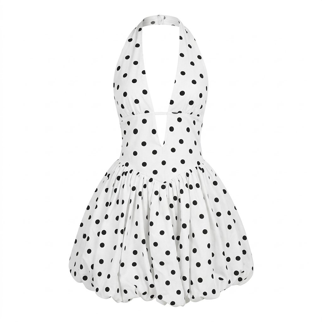 Robe de Soirée ‘Petits Pois’ – Elegante Polka Dot Mini-jurk met Halterneck