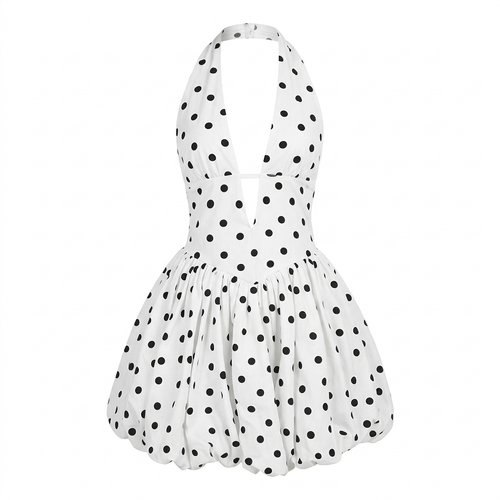 Robe de Soirée ‘Petits Pois’ – Elegante Polka Dot Mini-jurk met Halterneck