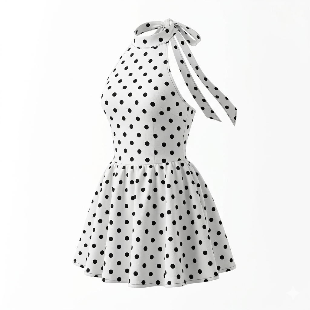 Robe de Soirée ‘Petits Pois’ – Elegante Polka Dot Mini-jurk met Halterneck