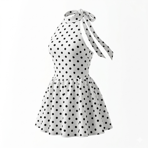 Robe de Soirée ‘Petits Pois’ – Elegante Polka Dot Mini-jurk met Halterneck