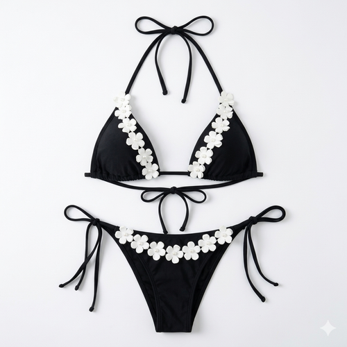 Bikini zwart met witte bloemen