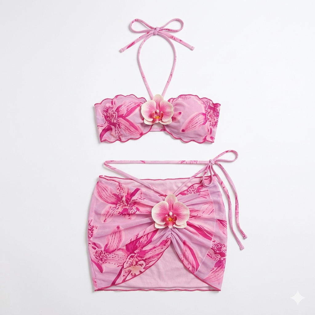 Driedelig bikini roze met bloemen