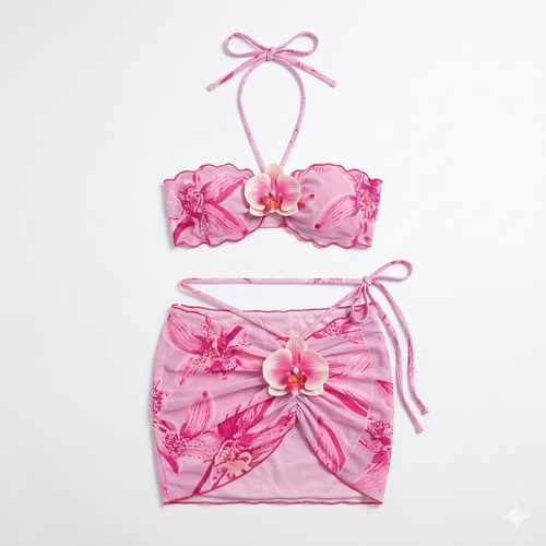 Driedelig bikini roze met bloemen