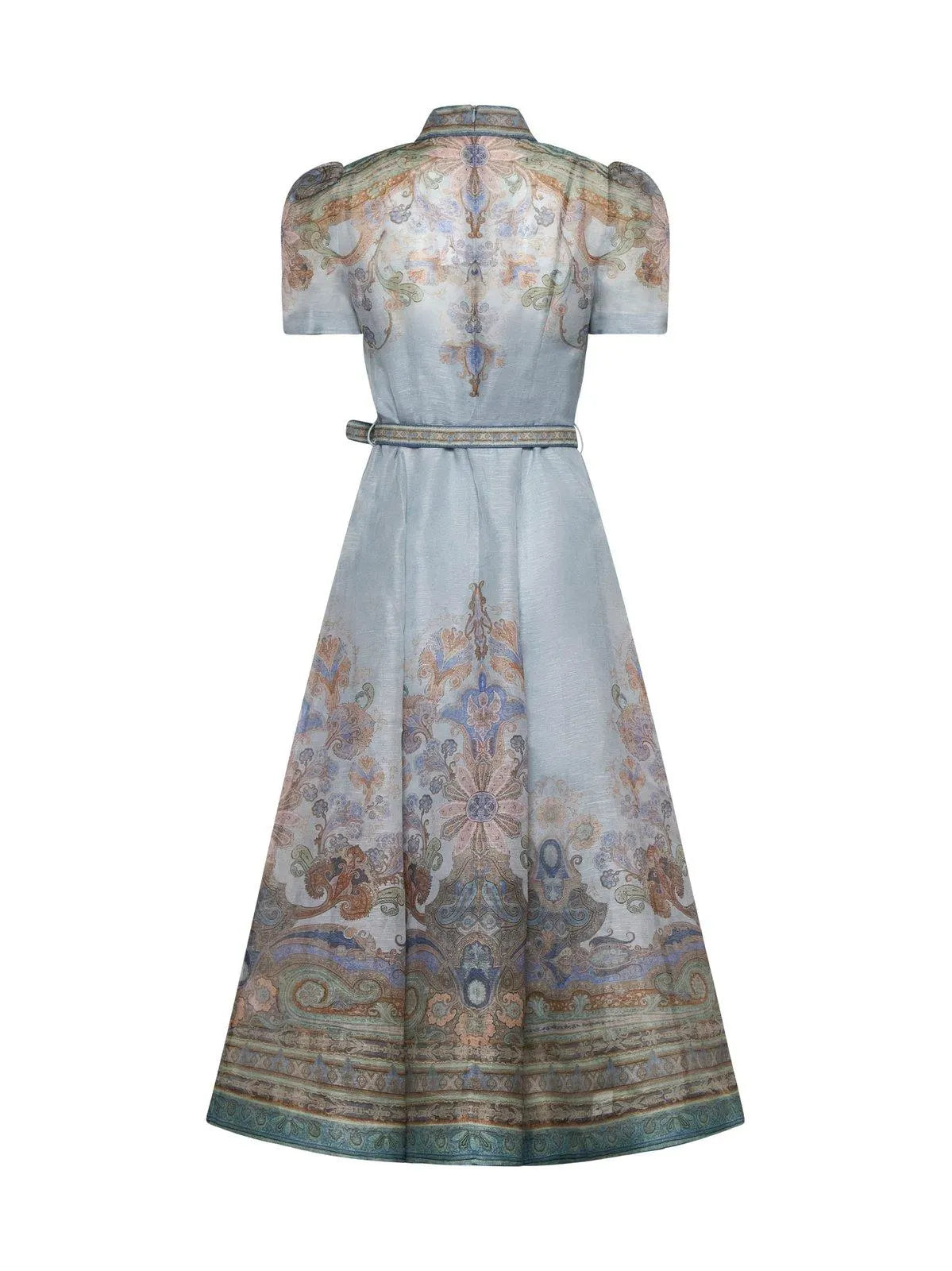 Hoge kwaliteit blauwe midi-jurk met paisley-print en korte mouwen en opstaande kraag