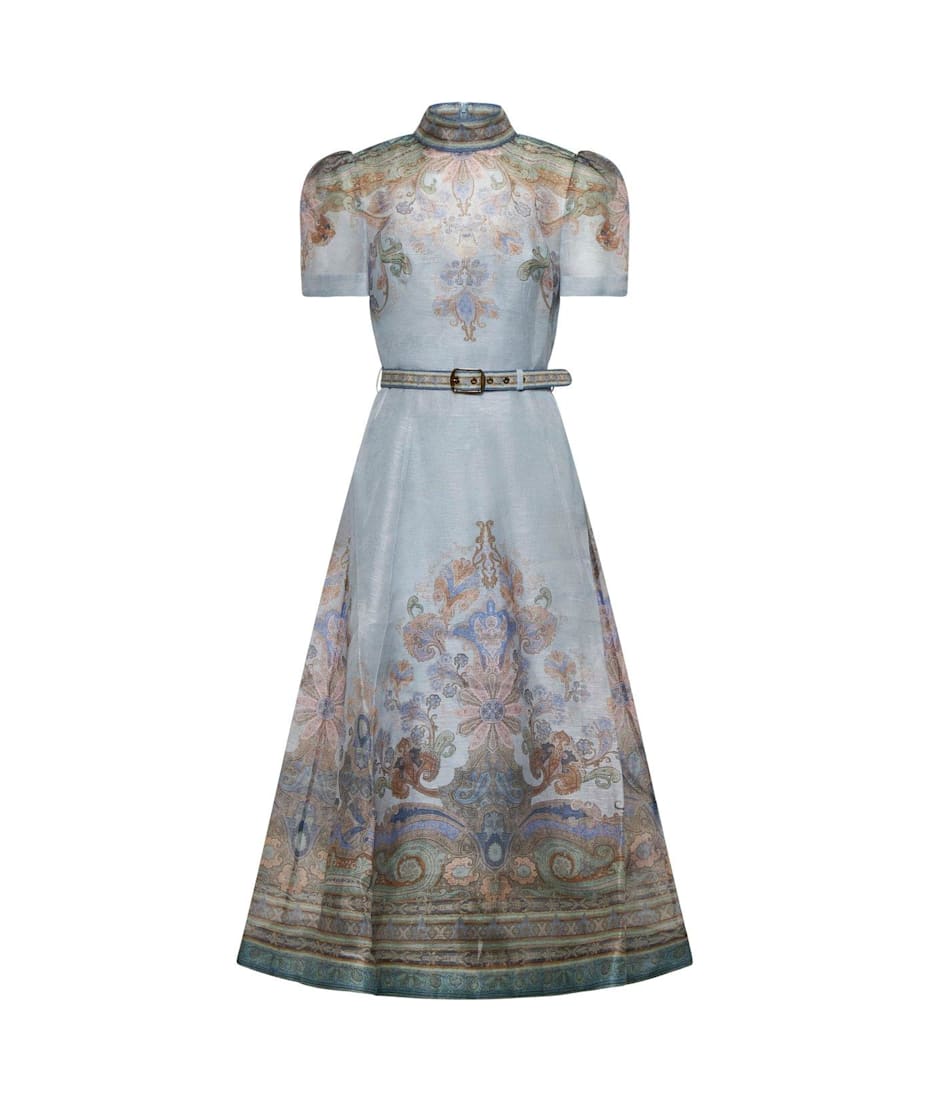 Hoge kwaliteit blauwe midi-jurk met paisley-print en korte mouwen en opstaande kraag