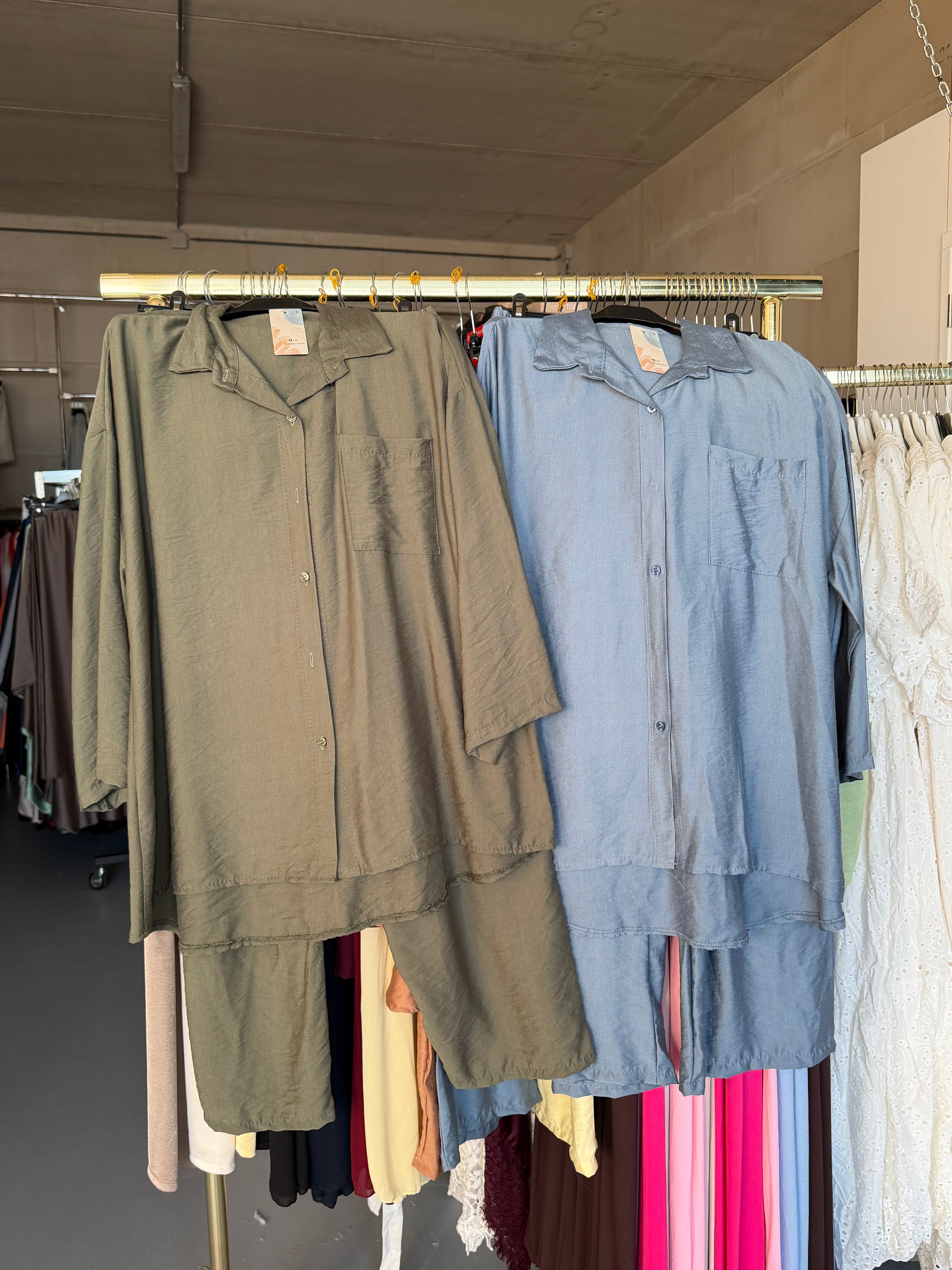 Shirien jeans blauw en kaki viscose broek setjes
