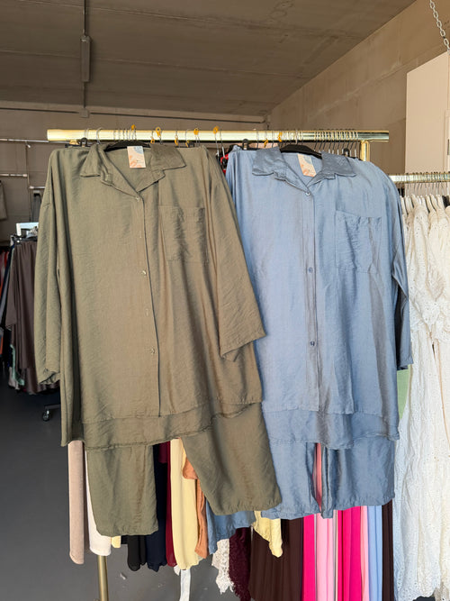 Shirien jeans blauw en kaki viscose broek setjes