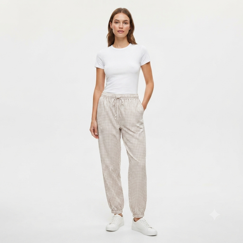 Geruiten rekbare broek van katoen - beige