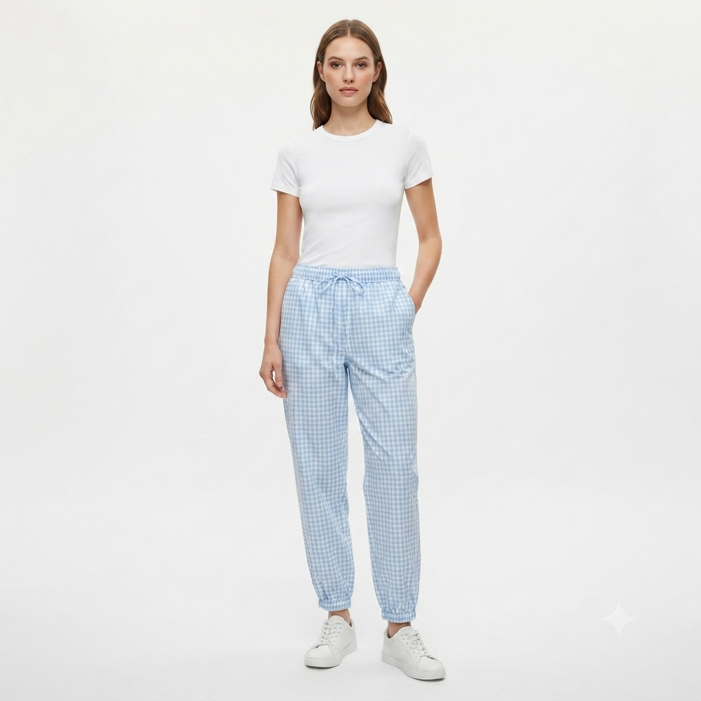 Geruiten rekbare broek van katoen - baby blauw