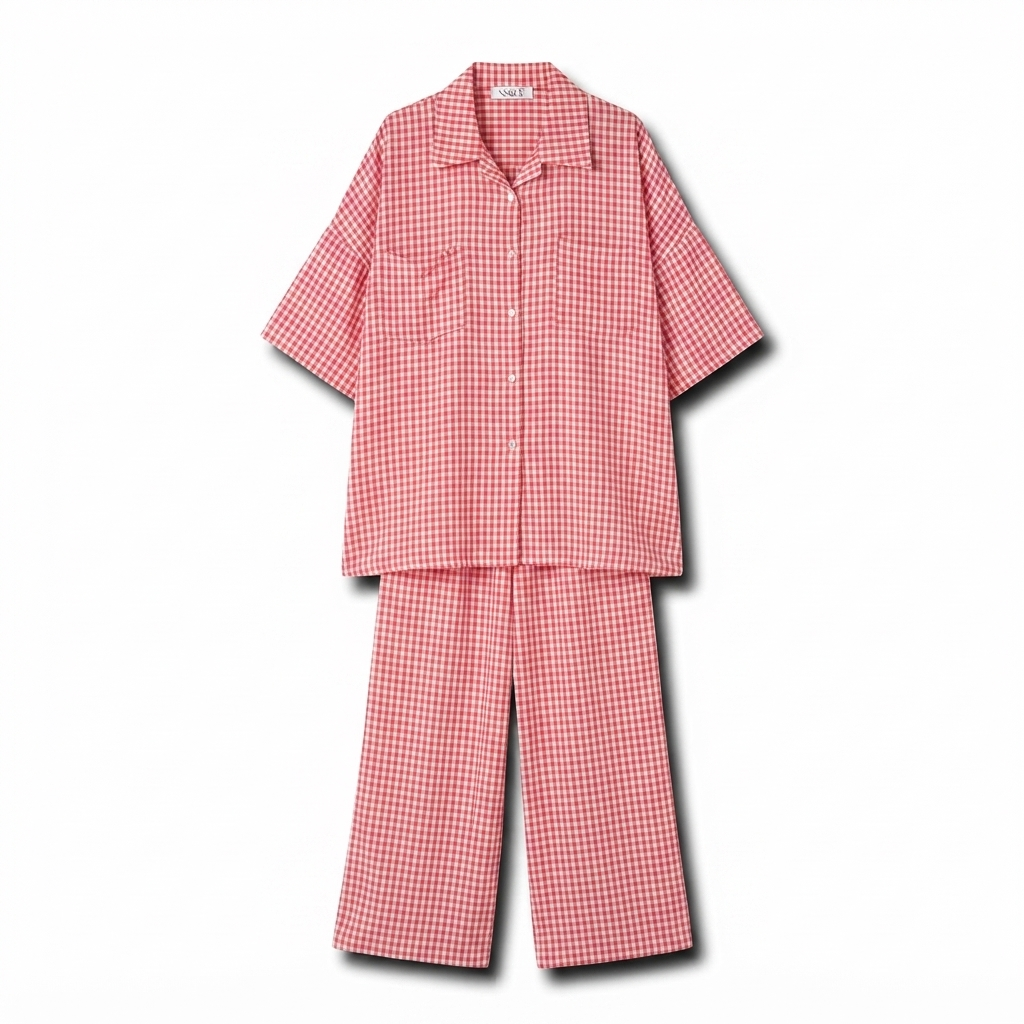 Geruiten oversized blouse met wijde broek van katoen - rood