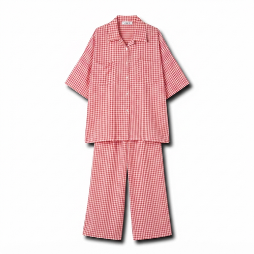Geruiten oversized blouse met wijde broek van katoen - rood