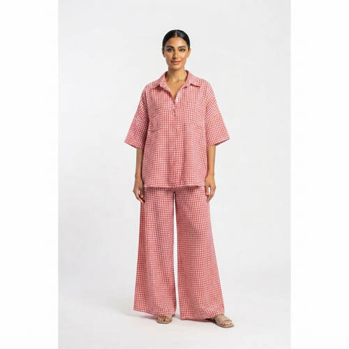 Geruiten oversized blouse met wijde broek van katoen - rood
