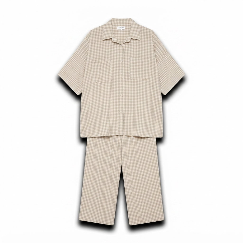 Geruiten oversized blouse met wijde broek van katoen - taupe