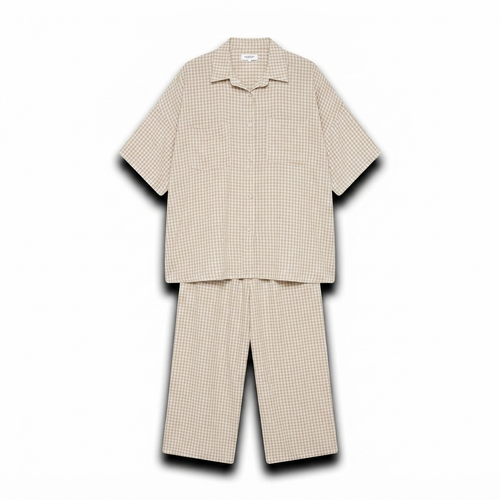 Geruiten oversized blouse met wijde broek van katoen - taupe