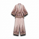 Satijnen broek met oversized kimono print - taupe with yellow