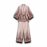 Satijnen broek met oversized kimono print - taupe with yellow