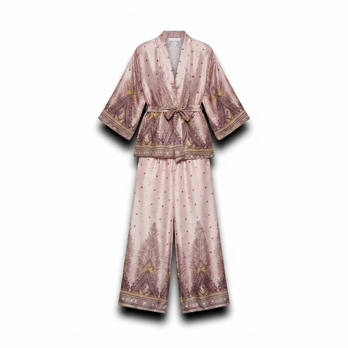 Satijnen broek met oversized kimono print - taupe with yellow