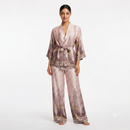 Satijnen broek met oversized kimono print - taupe with yellow