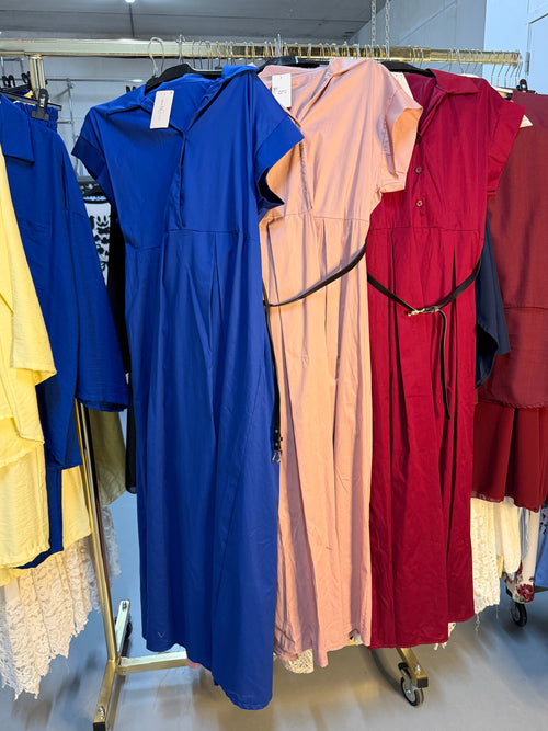 Mine.3427 blauw roze en burgundy katoenen blouse jurken met riem