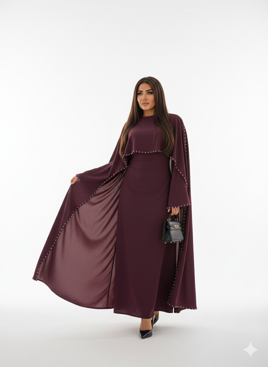 Fitted maxi abaya jurk van met parels paars - 8010