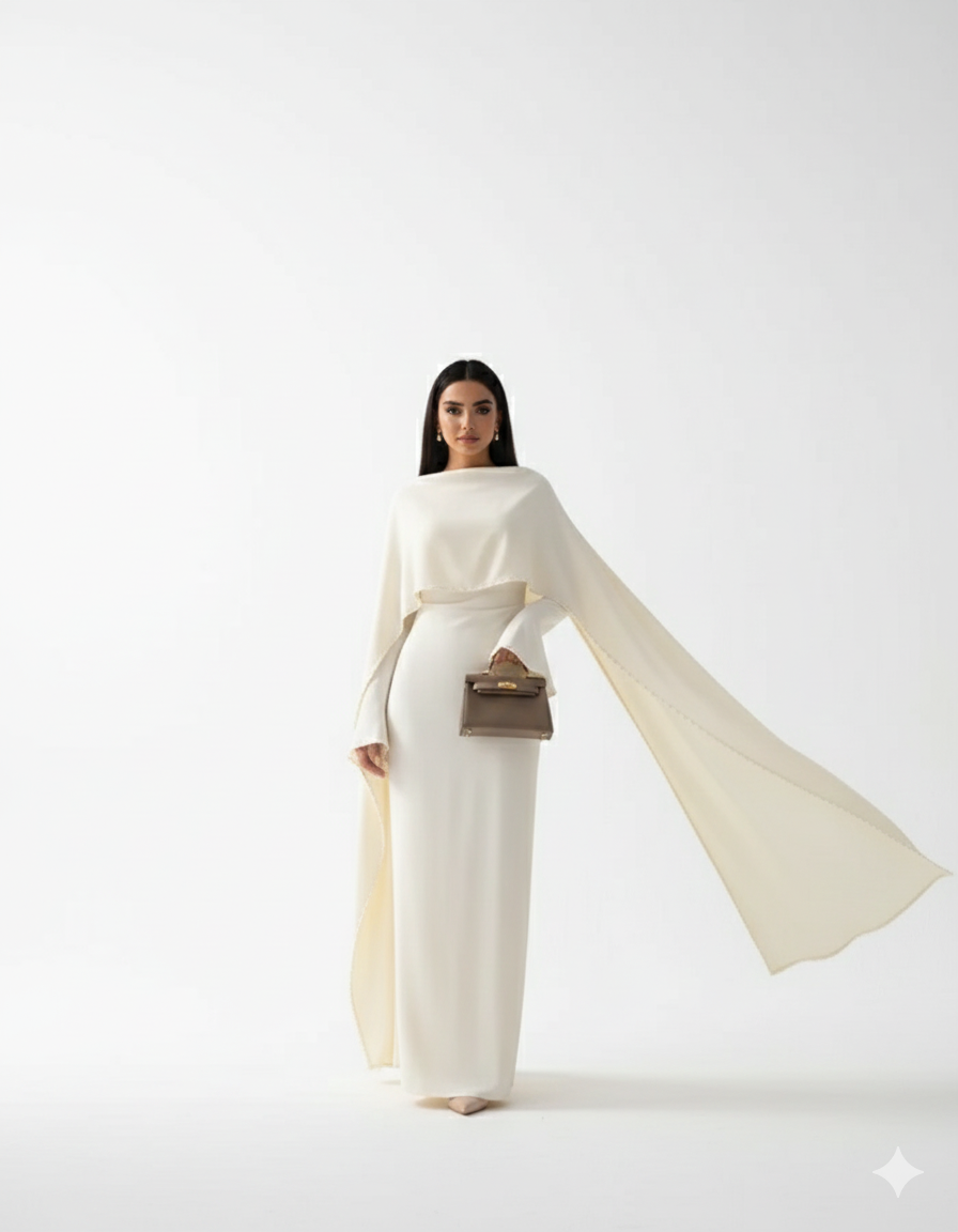 Fitted maxi abaya jurk van met parels cream - 8010