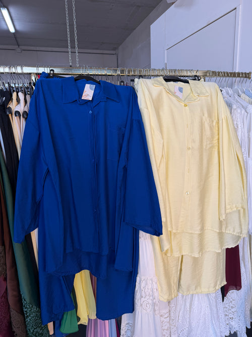 Zainab rok plissé blauw kobalt en butter yellow broek set