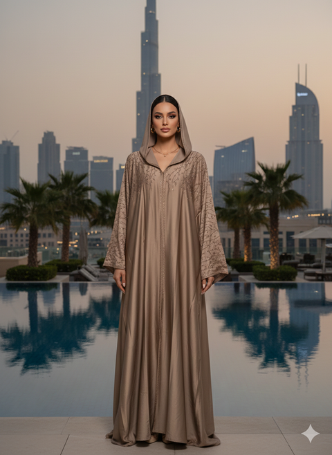 Dubai Abaya Met Steentjes Zilver - Taupe