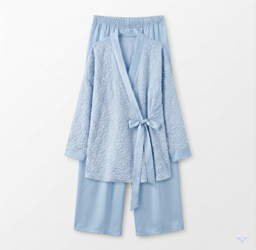 BLOEMEN KIMONO MET SATIJNEN BROEK - licht blauw