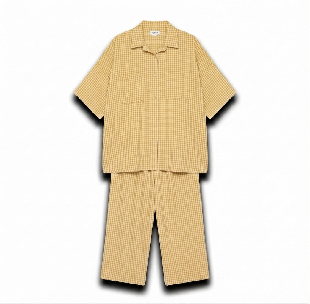 Geruiten oversized blouse met wijde broek van katoen - butter yellow