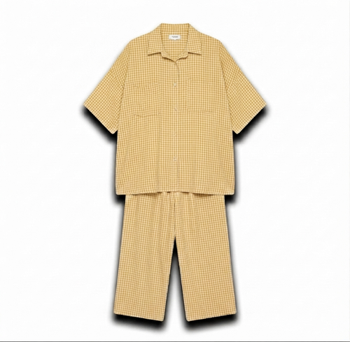 Geruiten oversized blouse met wijde broek van katoen - butter yellow