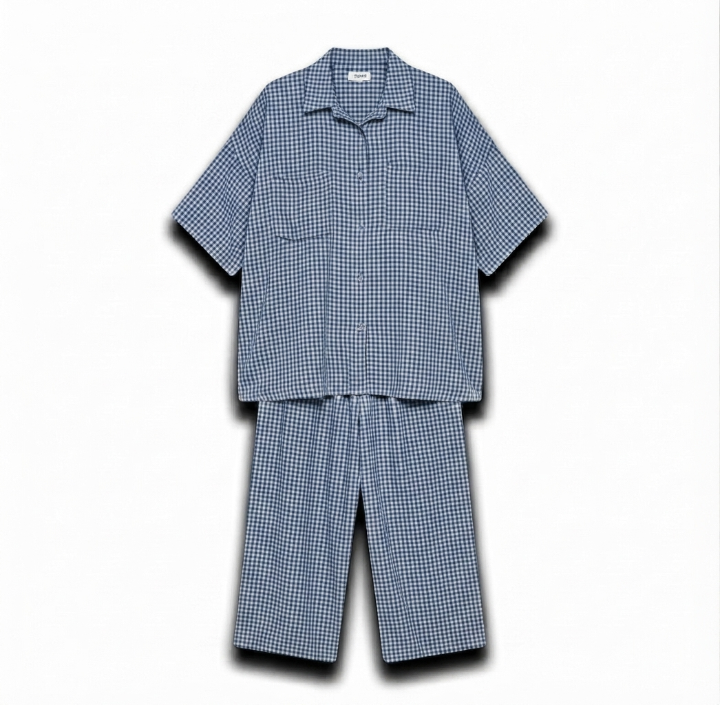 Geruiten oversized blouse met wijde broek van katoen - jeans blauw