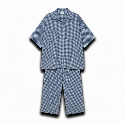 Geruiten oversized blouse met wijde broek van katoen - jeans blauw