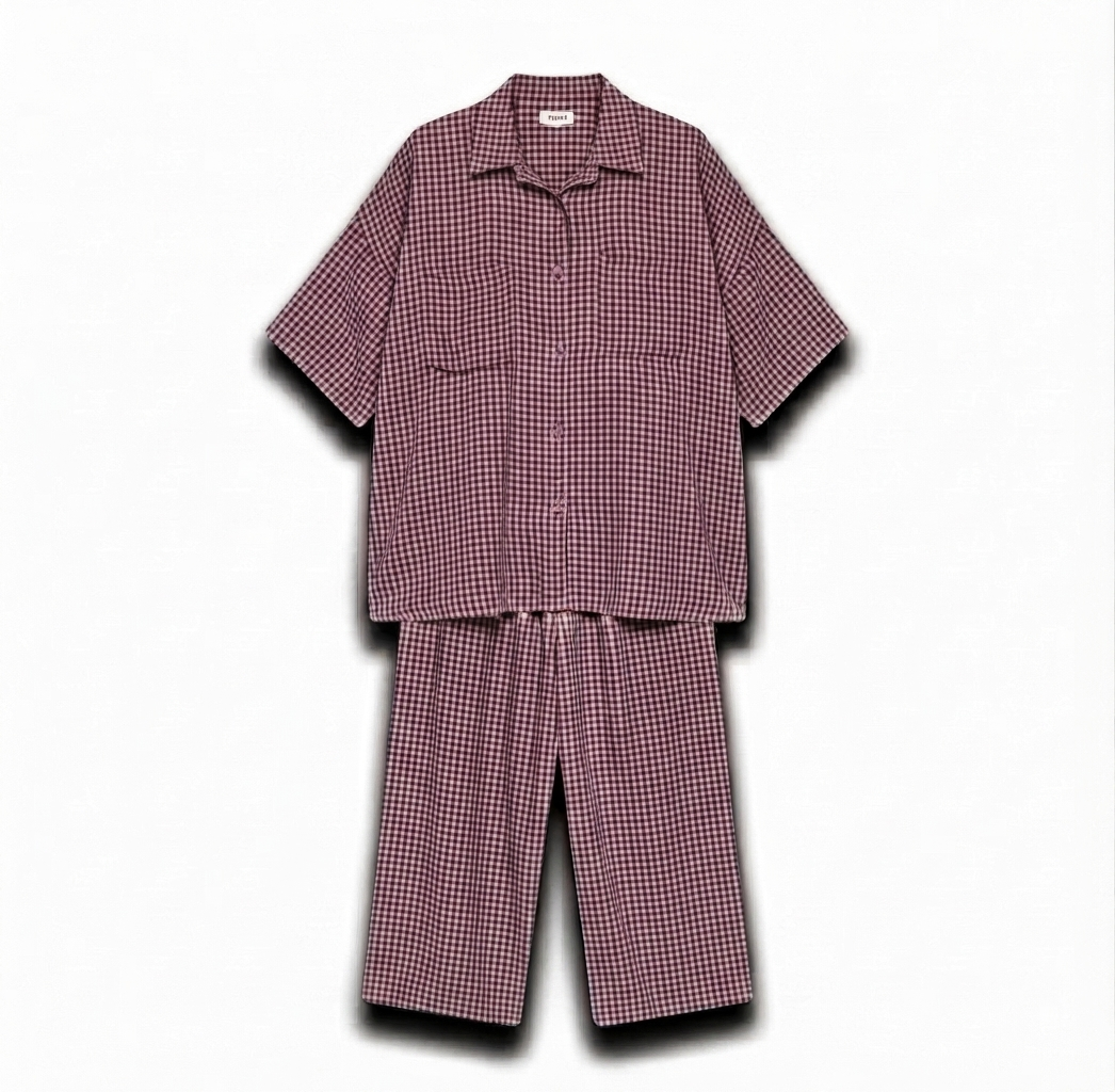 Geruiten oversized blouse met wijde broek van katoen - burgundy