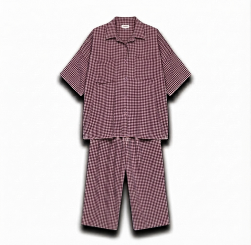 Geruiten oversized blouse met wijde broek van katoen - burgundy