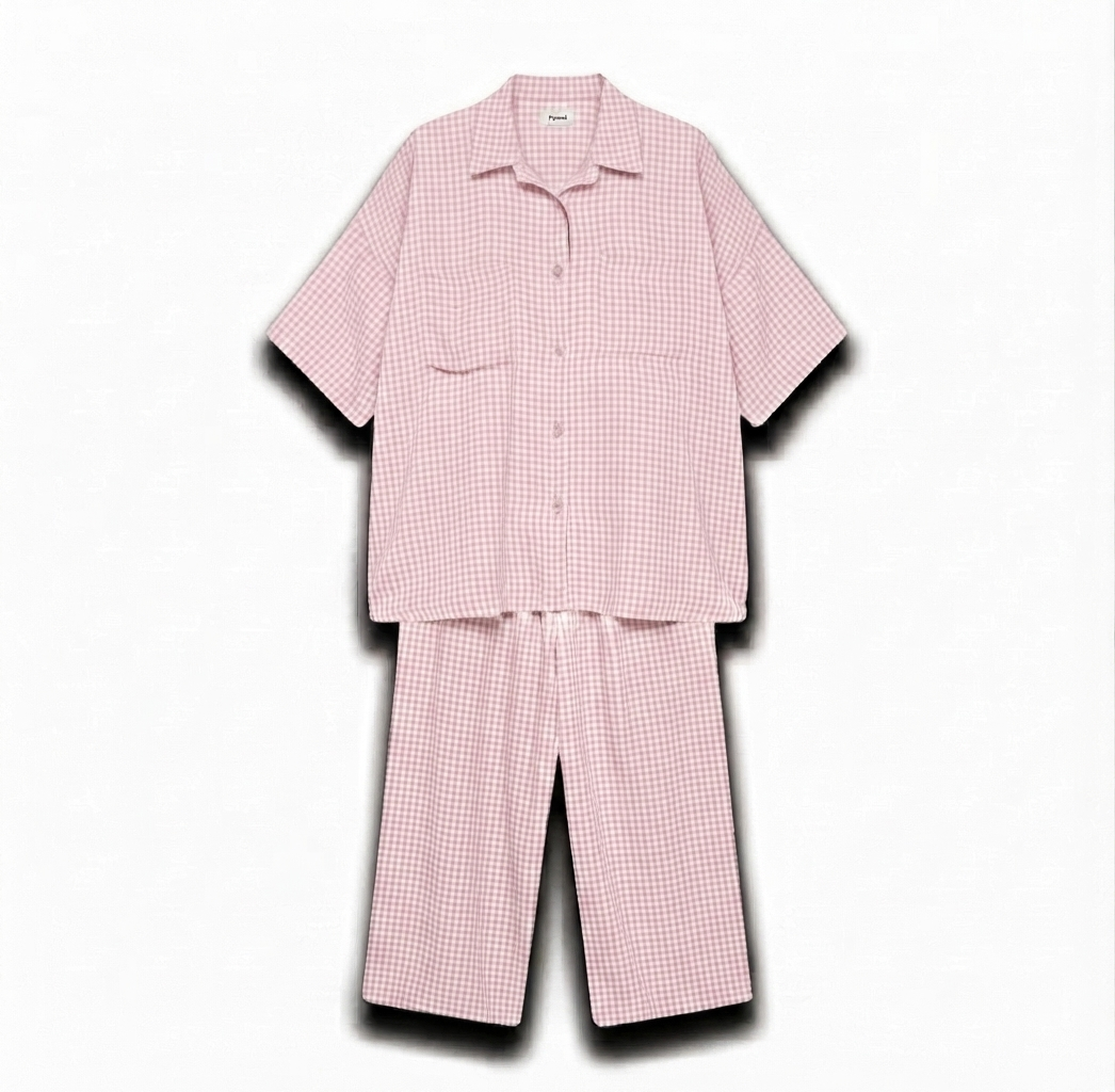 Geruiten oversized blouse met wijde broek van katoen - licht roze