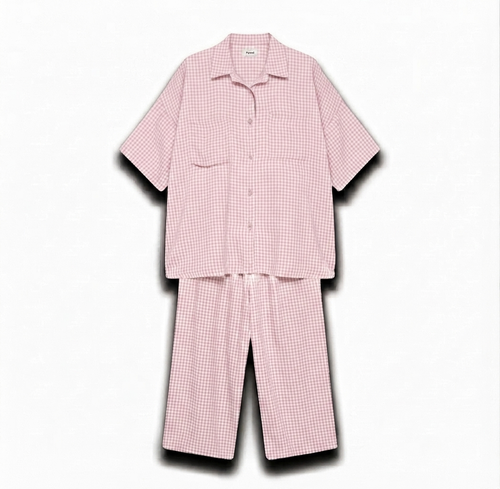 Geruiten oversized blouse met wijde broek van katoen - licht roze