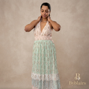 Halter jurk met licht groen en licht roze gouden details