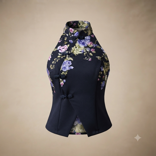 Geborduurde bloemen met aansluiting - Navy A3526