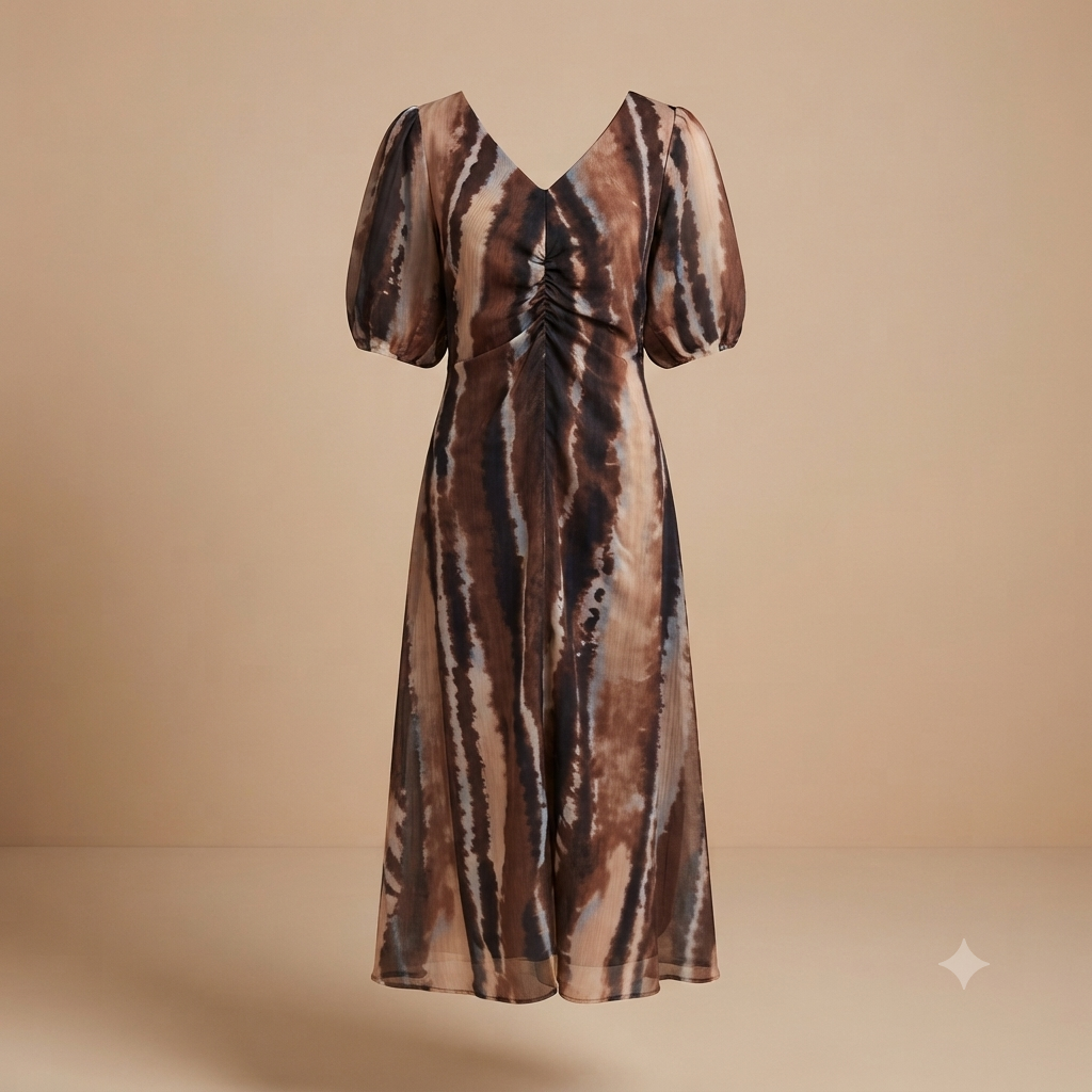 Zebra maxi jurk met ballonnen mouwen - bruin A15321