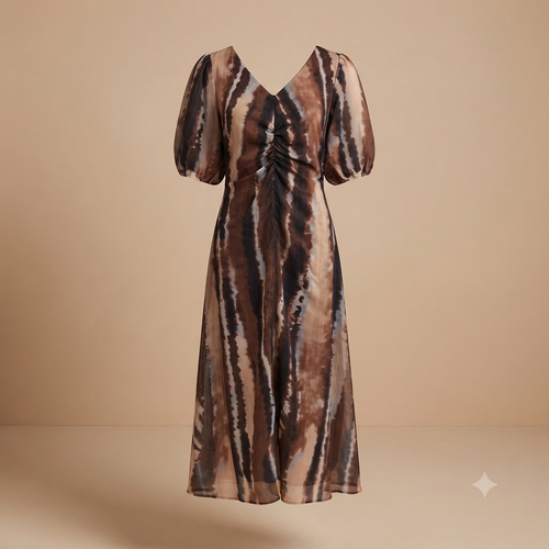 Zebra maxi jurk met ballonnen mouwen - bruin A15321