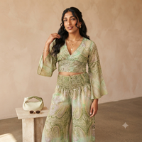 Print broek met rekbare blouse - groen