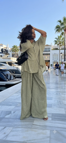 Geruiten oversized blouse met wijde broek van katoen - olijf groen