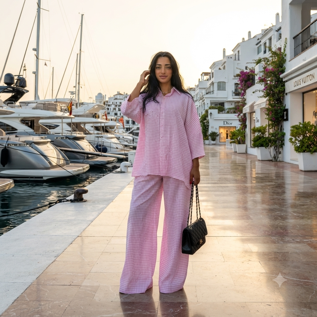 Geruiten oversized blouse met wijde broek - licht roze