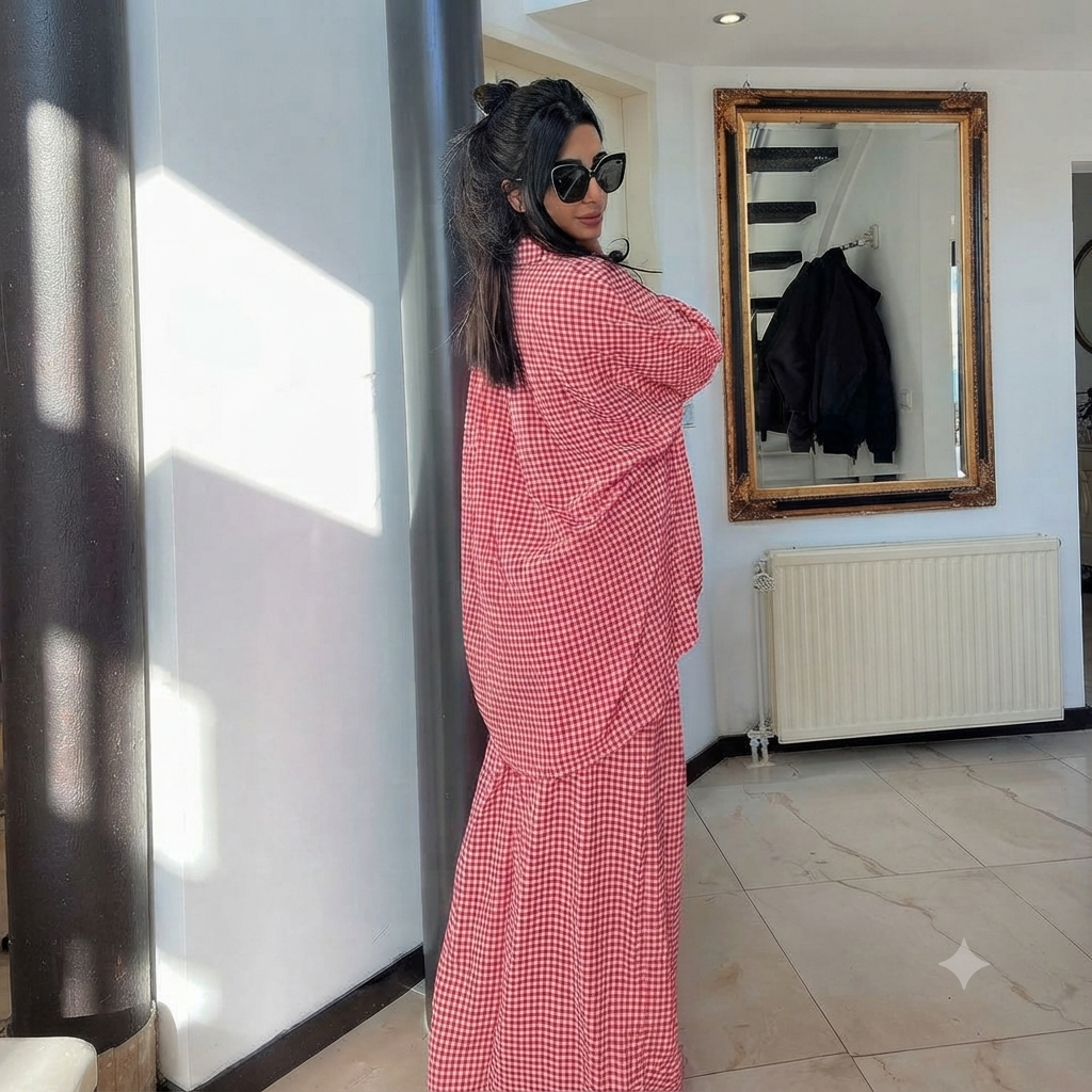 Geruiten oversized blouse met wijde broek - rood