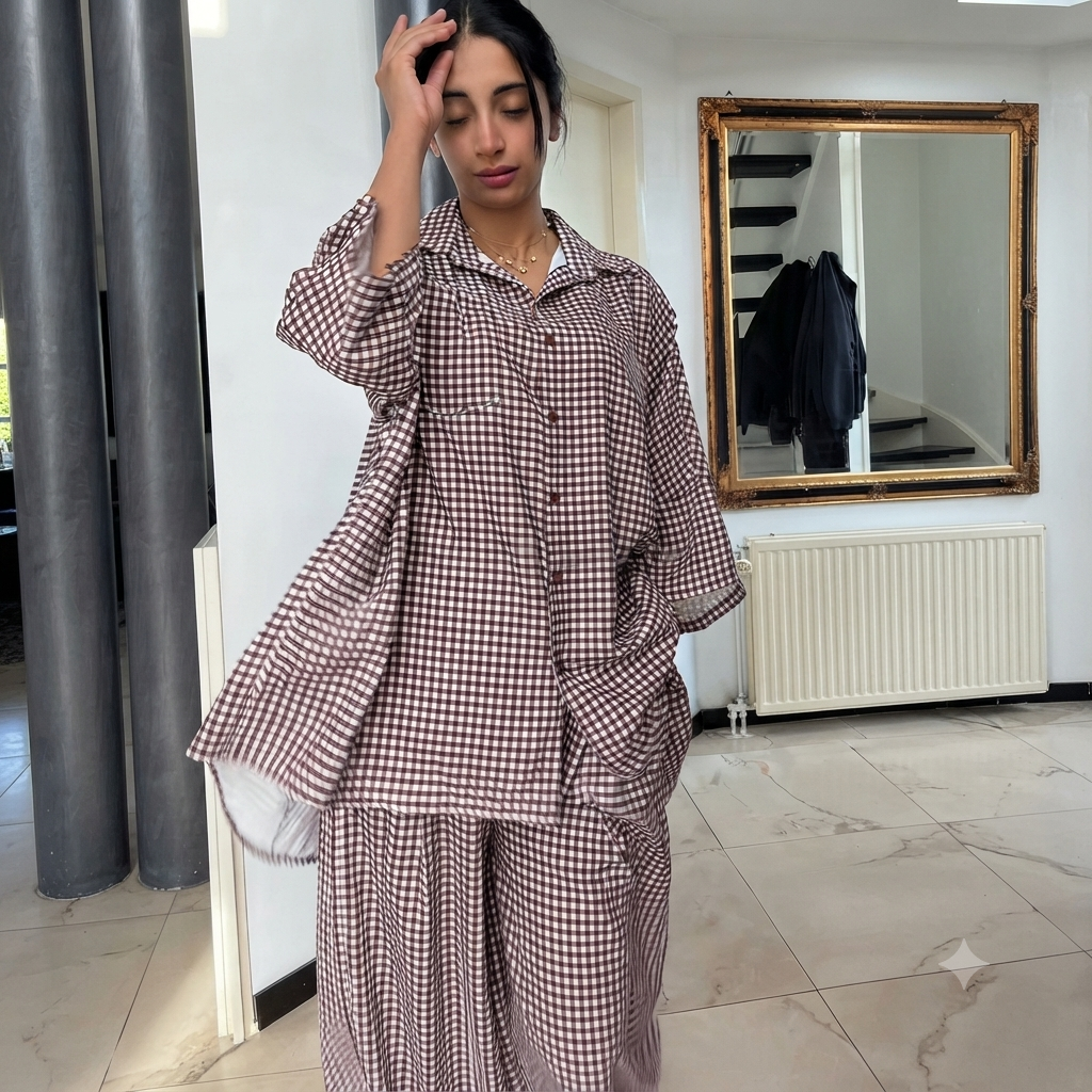 Geruiten oversized blouse met wijde broek van katoen - coffee brown