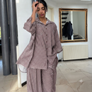 Geruiten oversized blouse met wijde broek van katoen - coffee brown